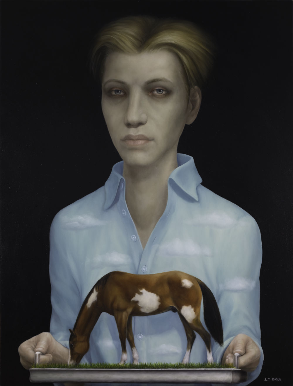 Contemporary oil painting of a woman with horse on serving tray