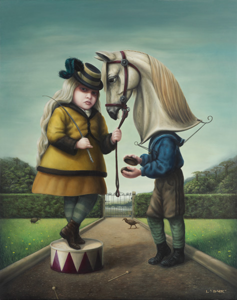 Painting of Girl and boy horsing around with a theme of control by Liam Barr