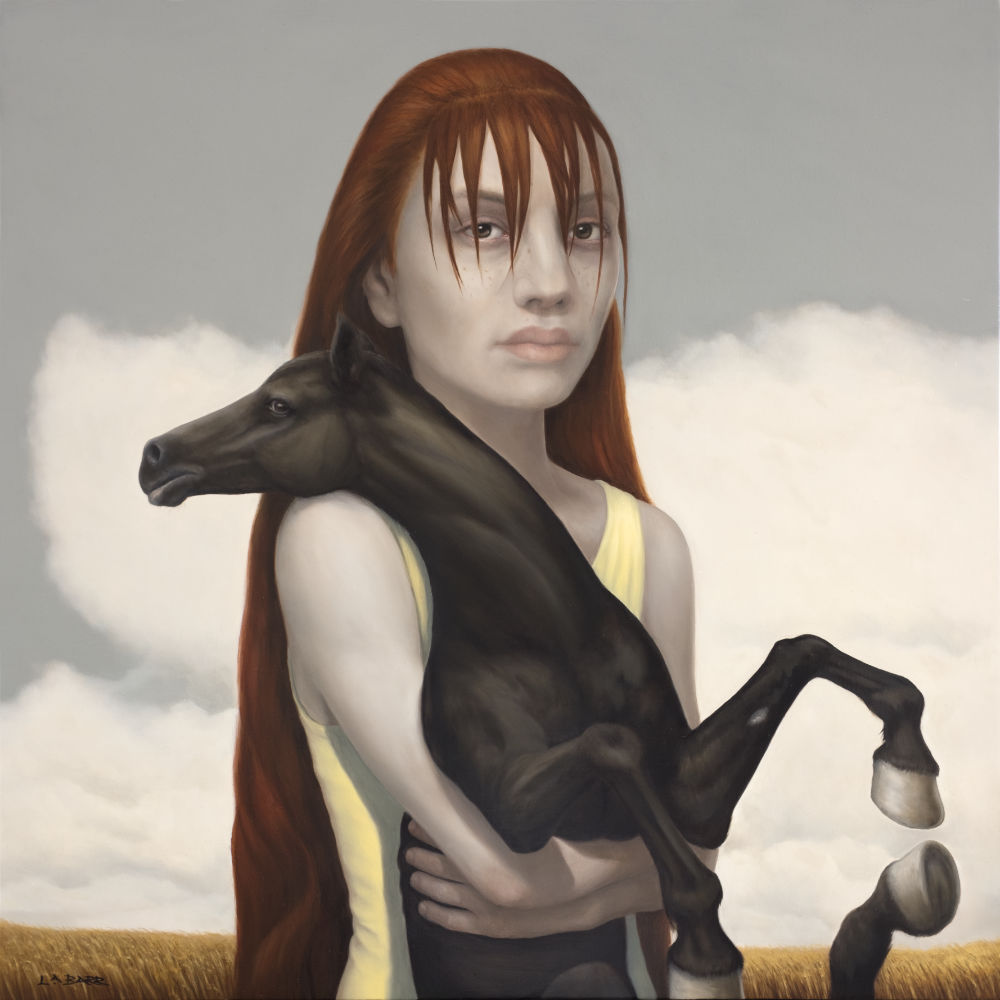 Contemporary oil painting of a young re haired woman carrying a black horse in her arms
