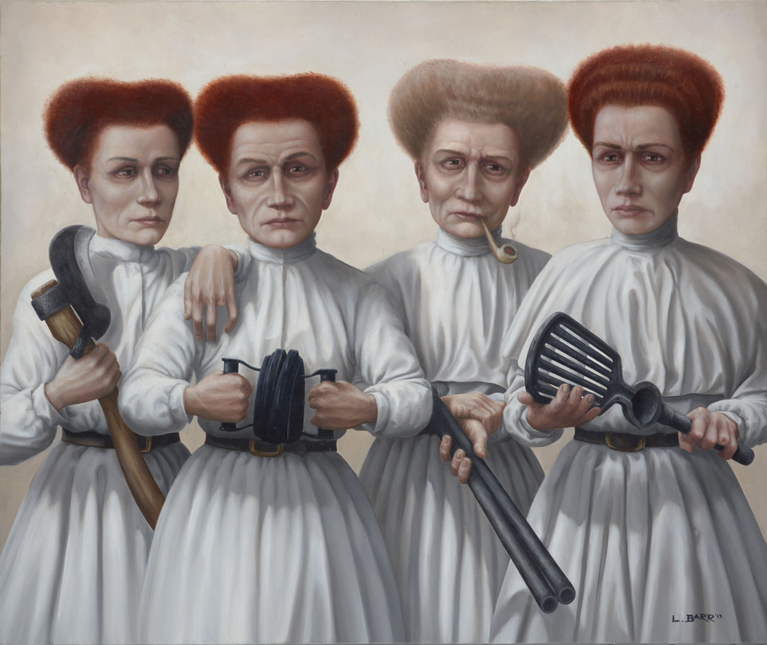 Four related women holding implements of protection as they stand over their domain