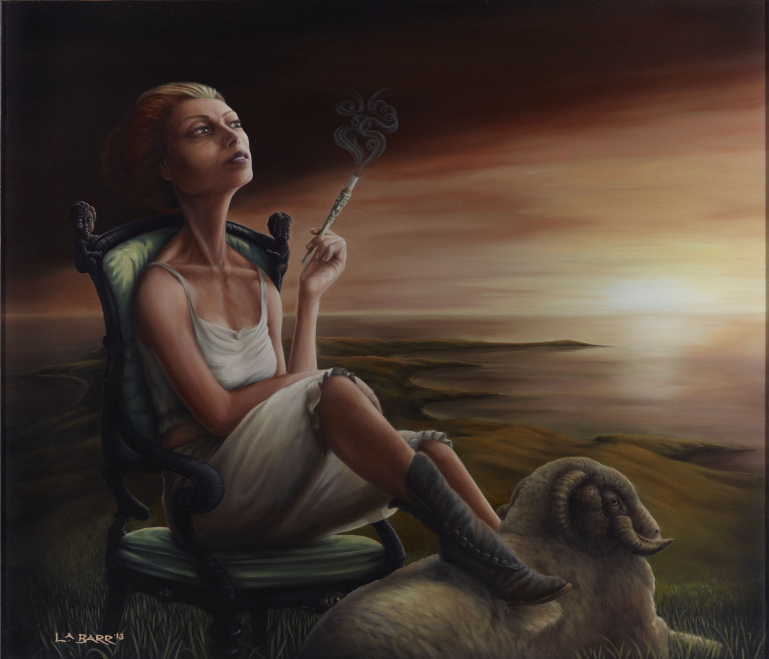 Painting of a woman smoking a cigarette on a hillside with foot on a sheep gazing into the distance