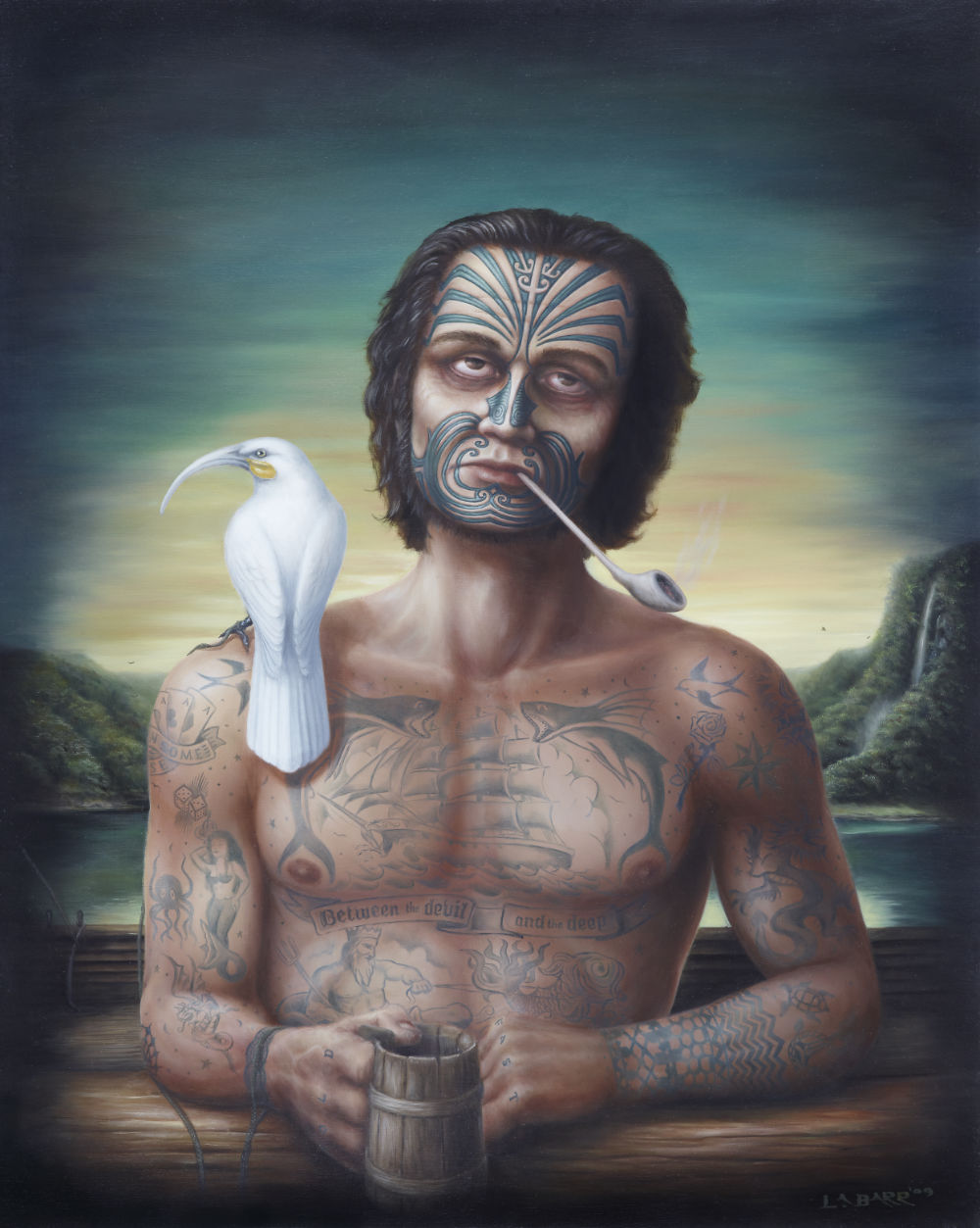 Portrait of John Rutherford with white Huia leaving NZ