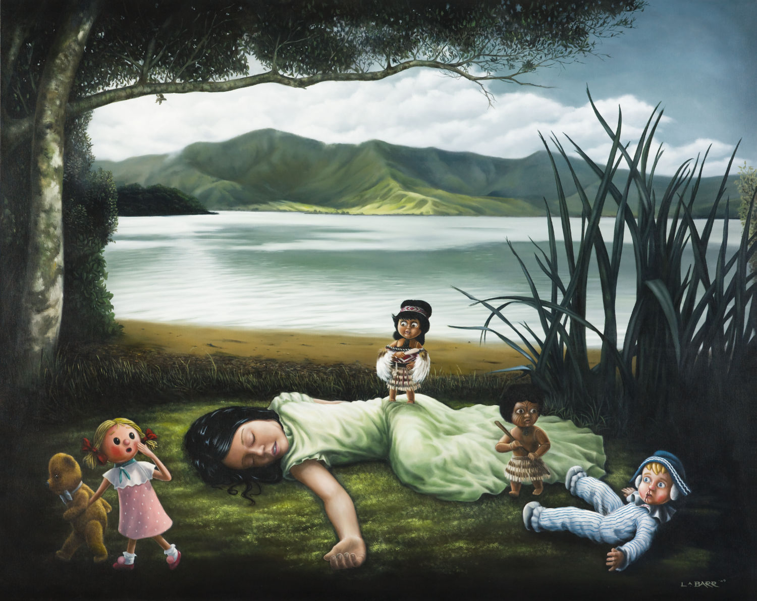 Contemporary oil painting of girl sleeping lakeside with dolls fighting