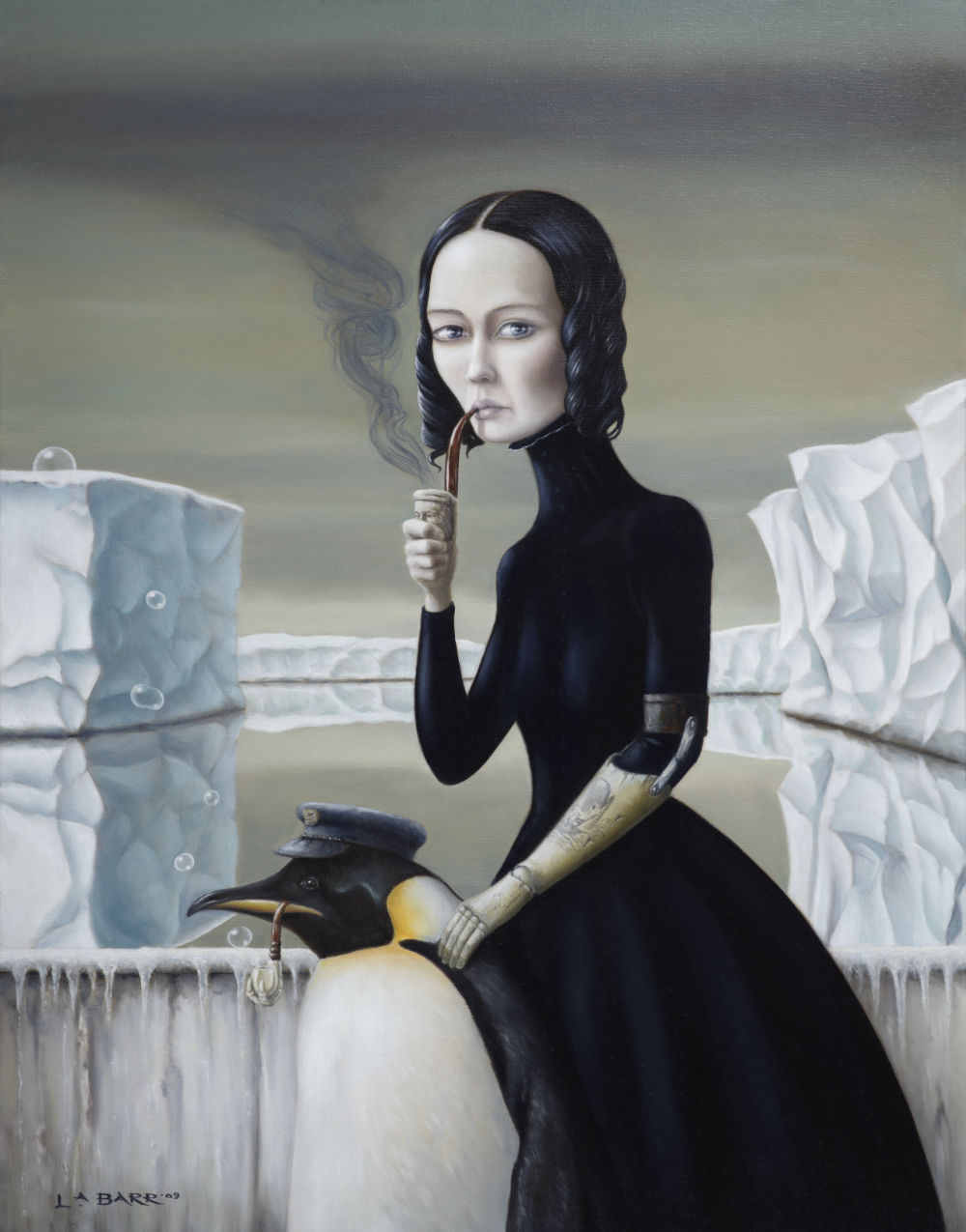 Woman smokes pipe with emperor penguin painting from Liam Barr