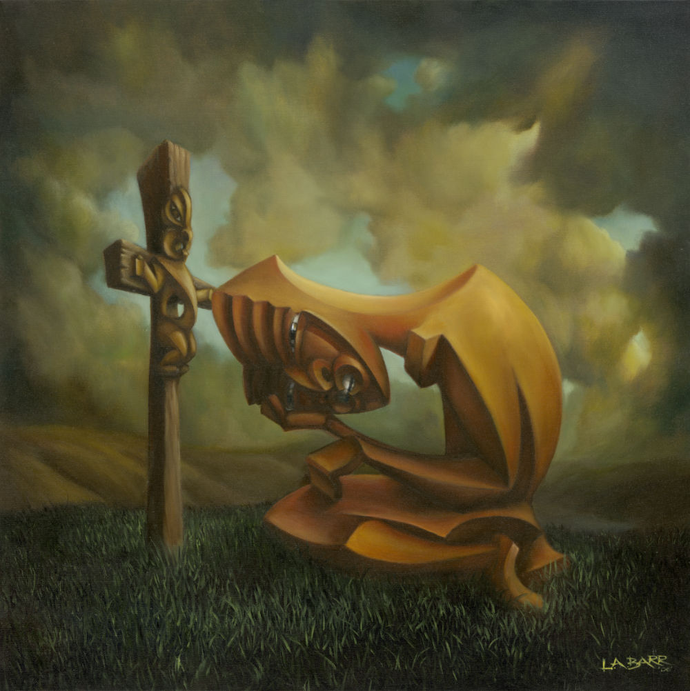 Tiki prays for forgiveness in an image of shame, painting from Liam Barr