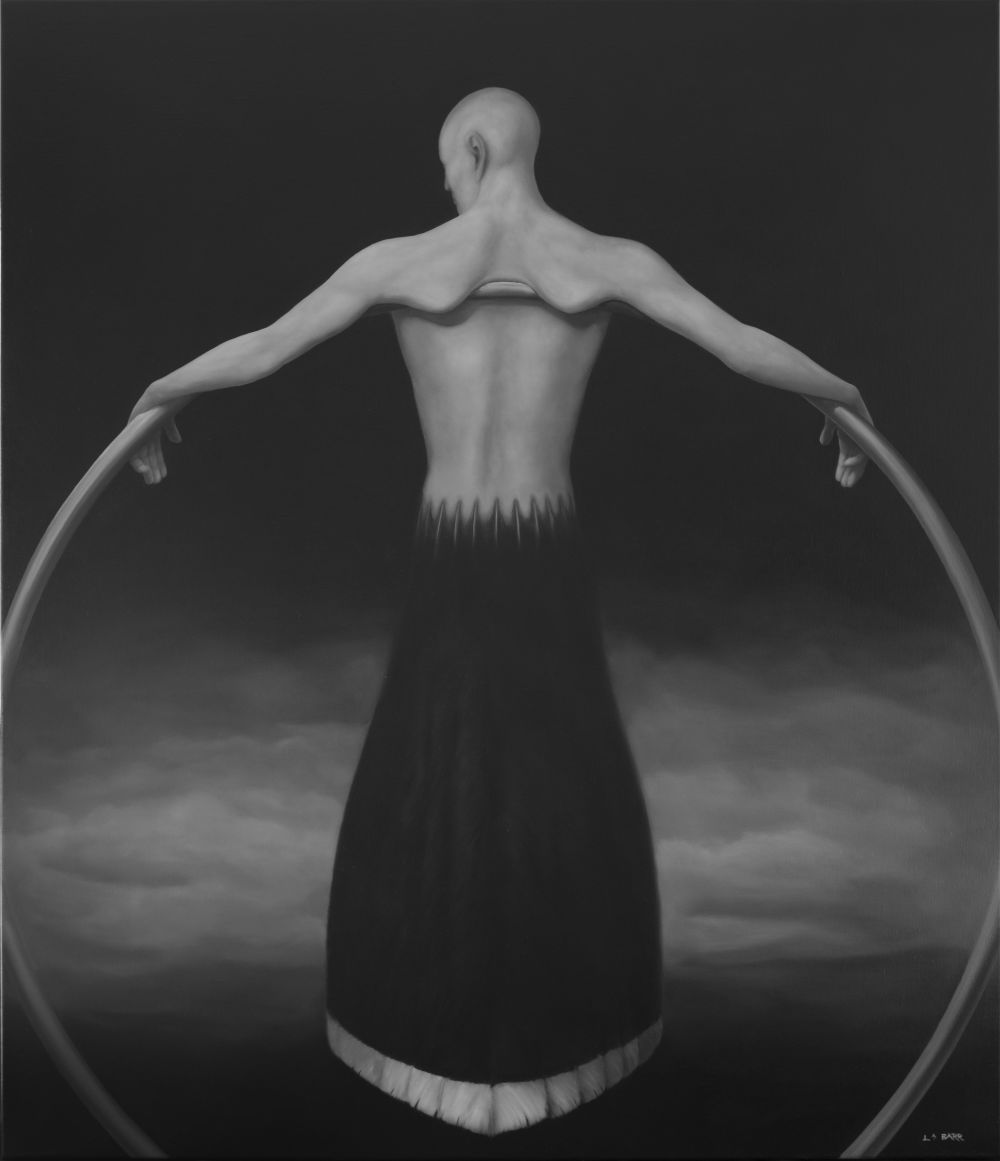 Oil painting of a man suspended in air with Huia feathered tail