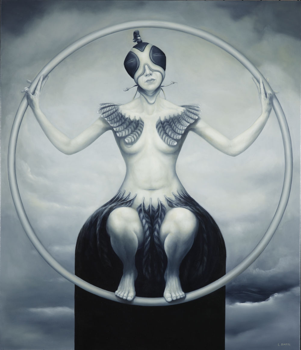 Oil painting of a woman suspended in air with hawk hood and feathers