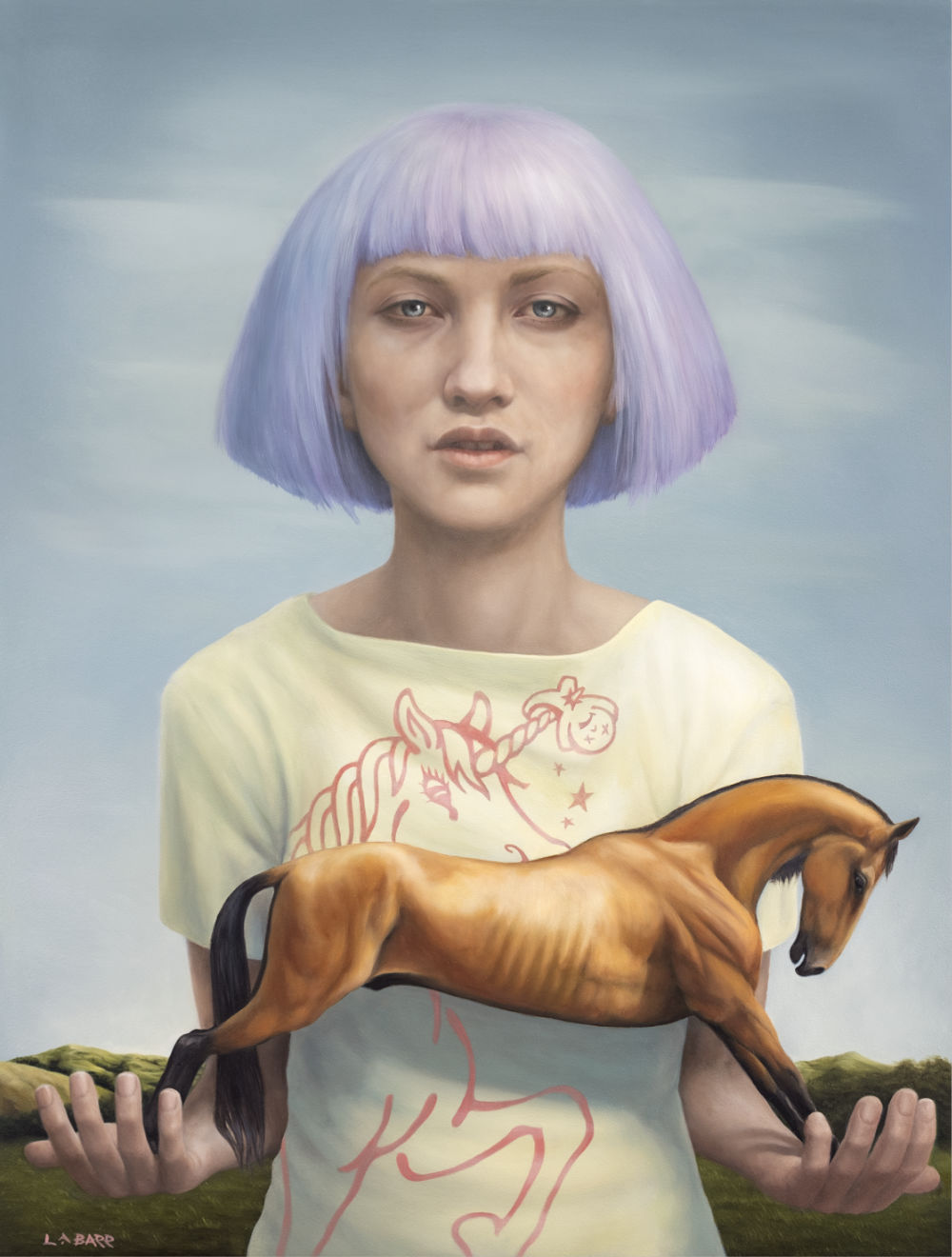 Contemporary oil painting of a girl with horse straddling her hands