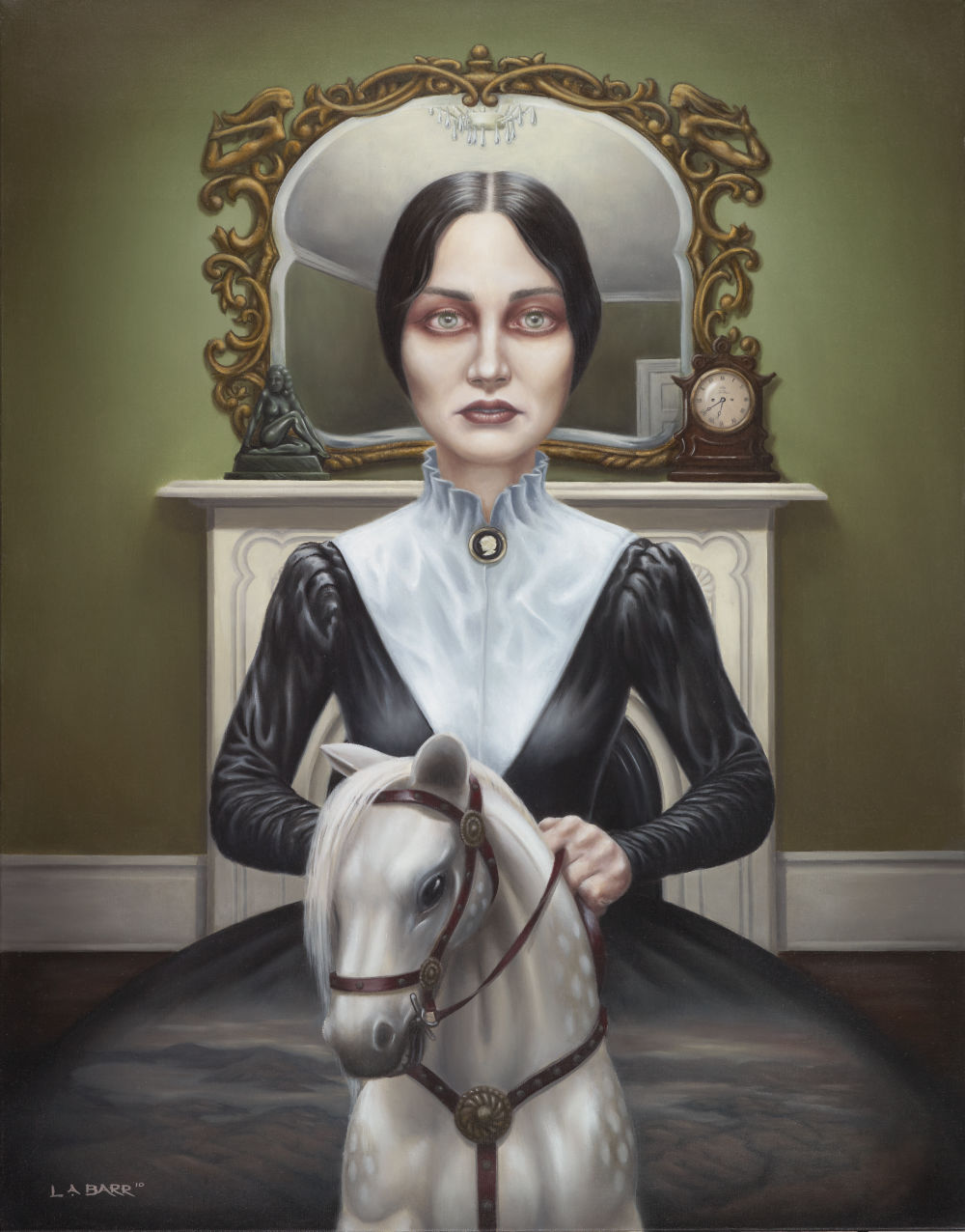 Woman astride a rockinghorse lament the loss of her youth, painting by Liam Barr