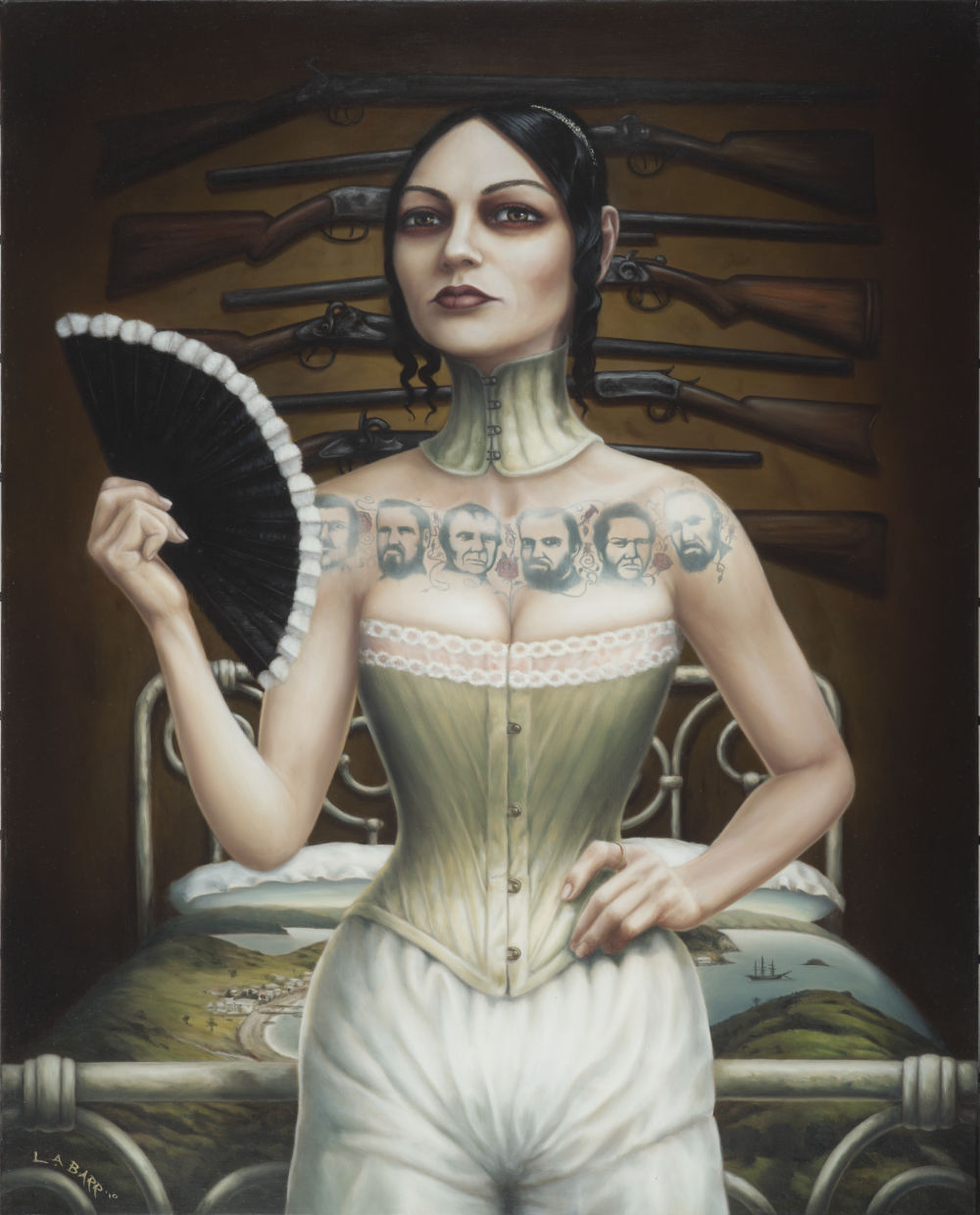 prostitute from Kororareka with Huia fan and rifles, painting by Liam Barr