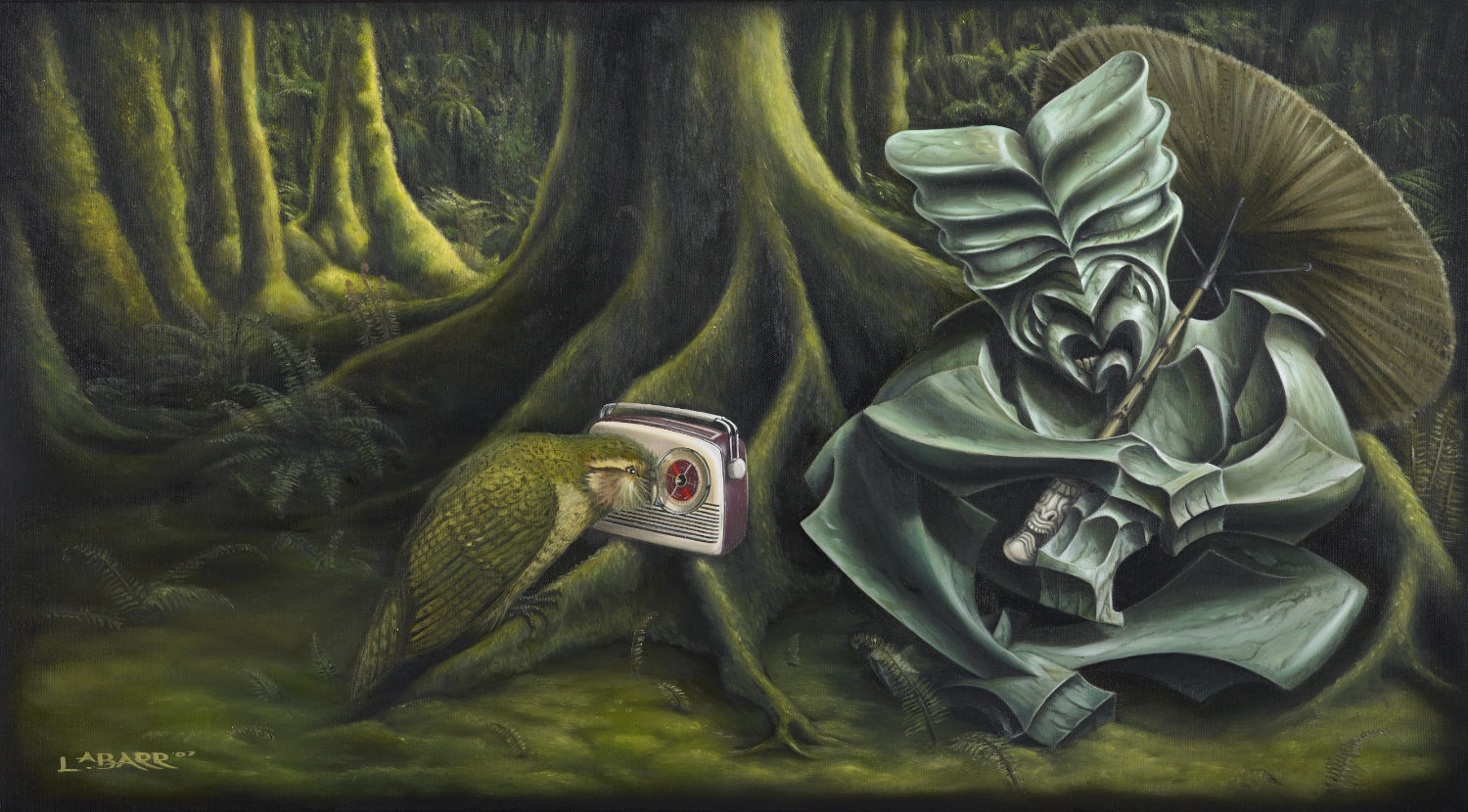Tiki listens to radio with kākāpō as he sits in the forest, painting from Liam Barr