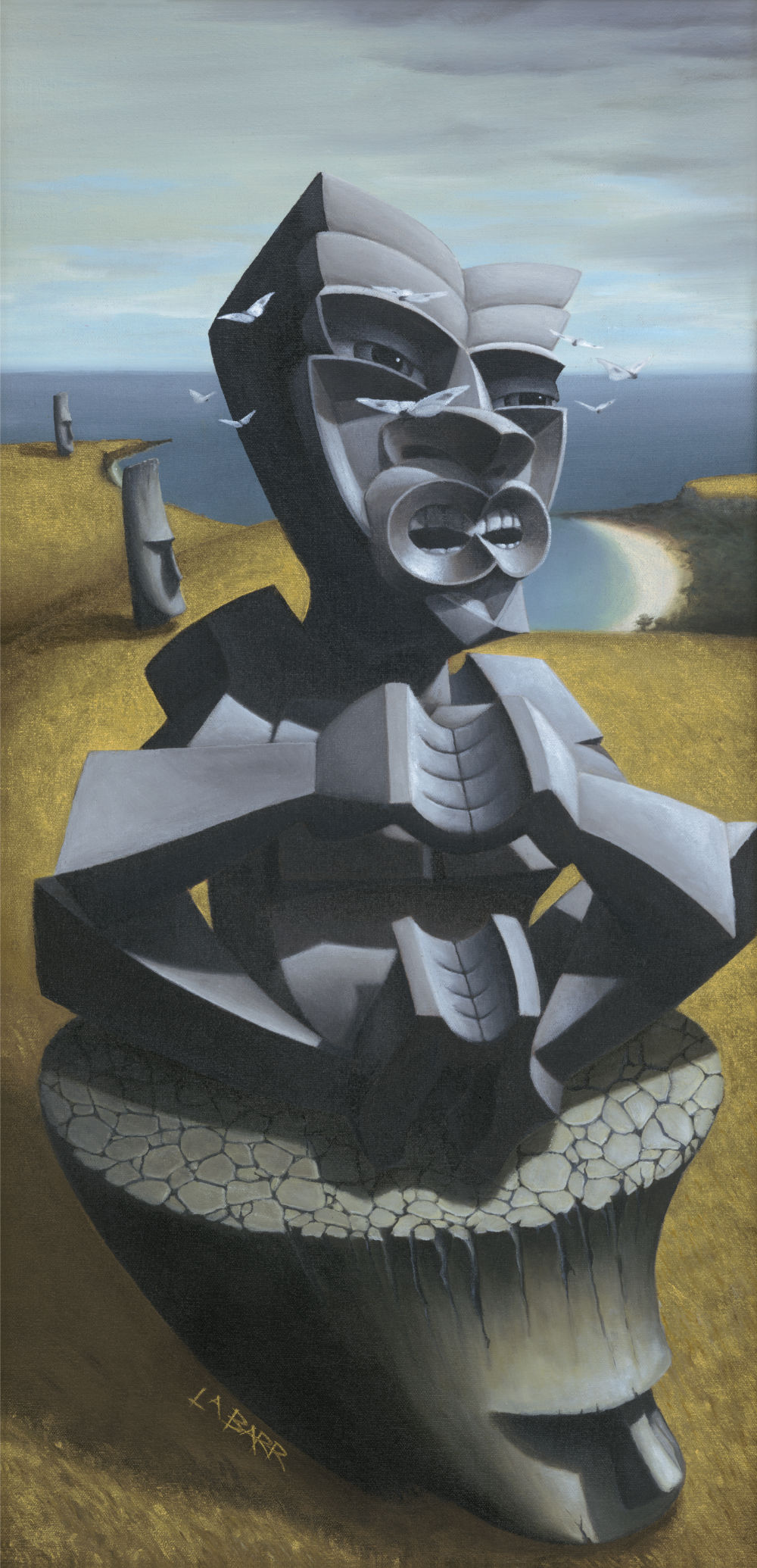 Tiki sits upon Easter Island statues as a pilgrim, painting from Liam Barr