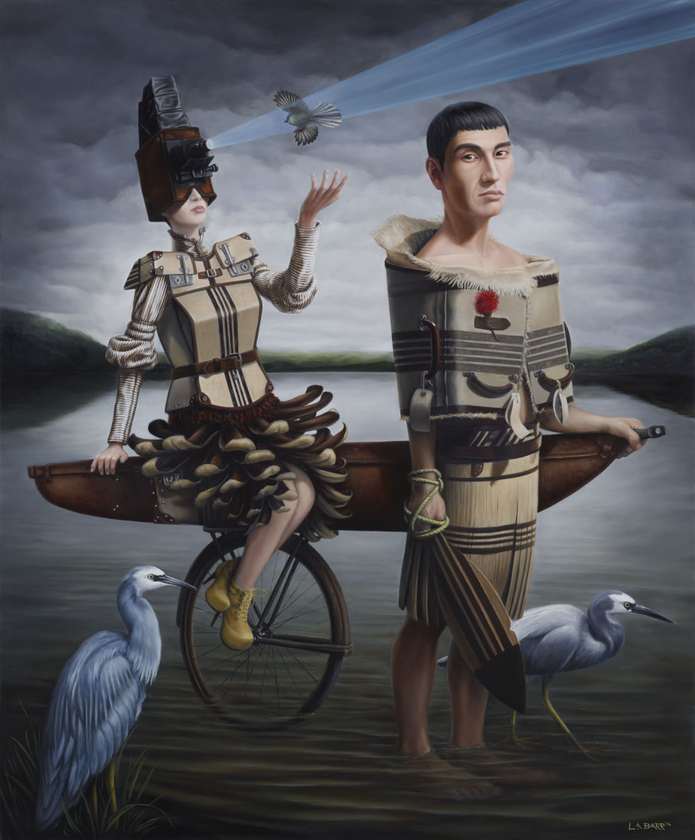 Contemporary oil painting of a couple in water with winning WOW costume