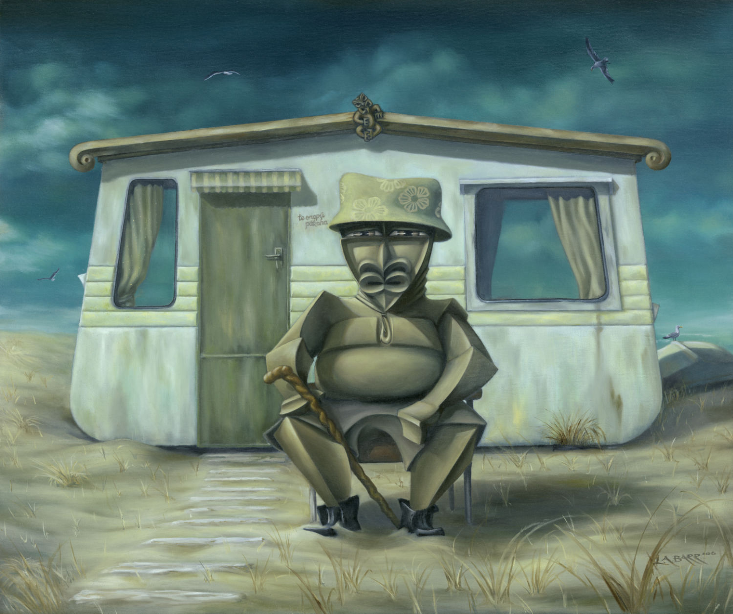 Tiki figure sits in front of beach caravan contemplating his life painting from Liam Barr