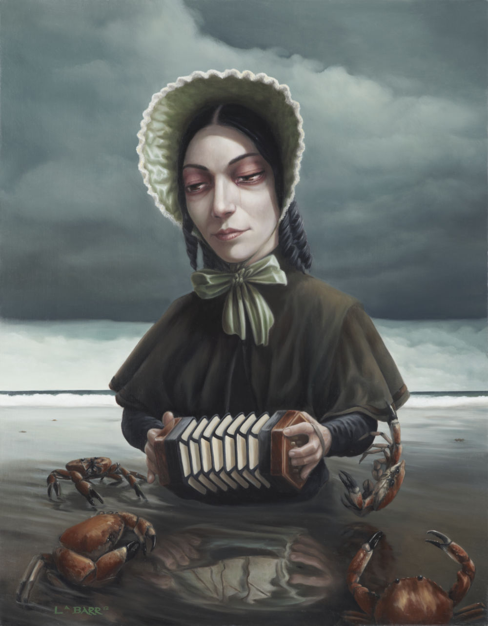 Painting of a woman playing a squeesebox as she sinks into the sand