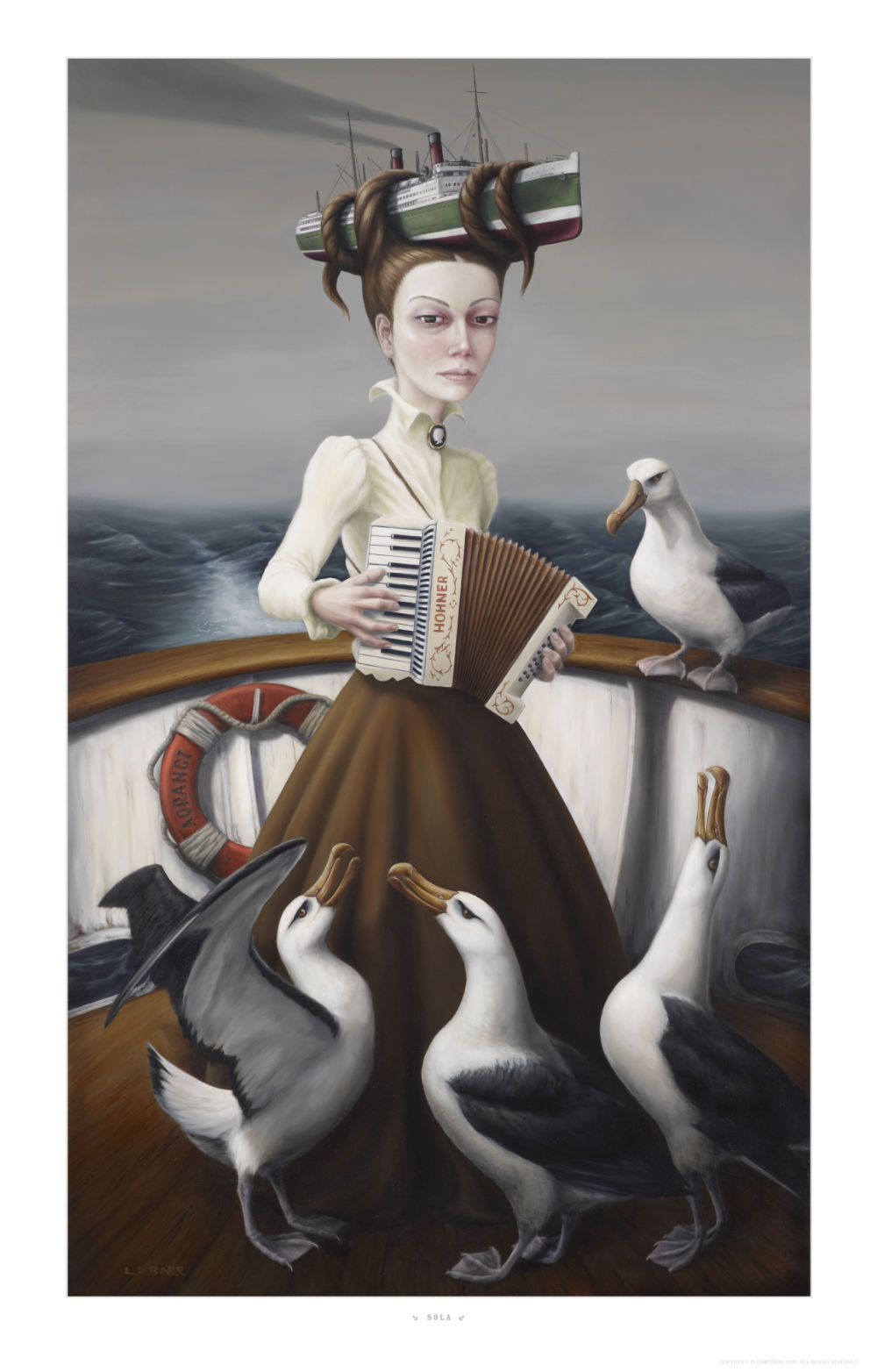 Woman playing piano accordian with albatross