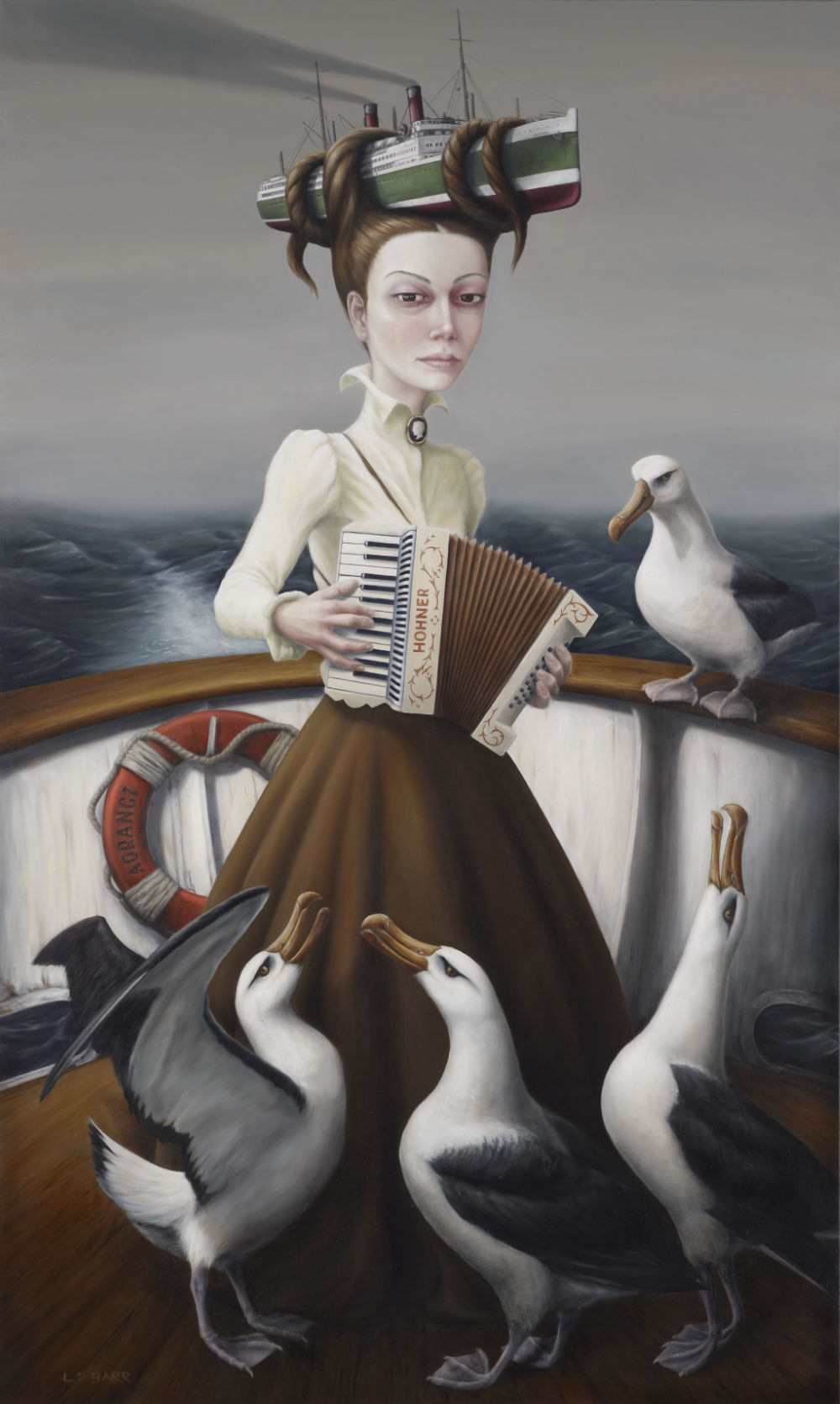 Contemporary oil painting of a woman travelling to a new land with albatross and ship in hair