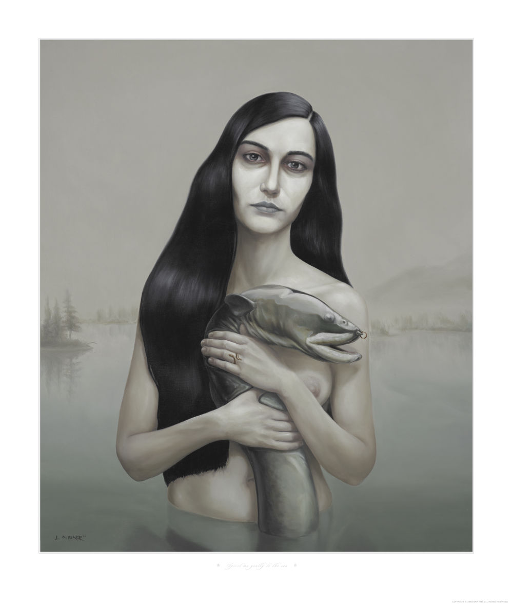 girl standing in lake holding eel
