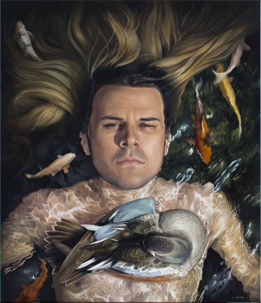 Contemporary oil painting man laying in the water