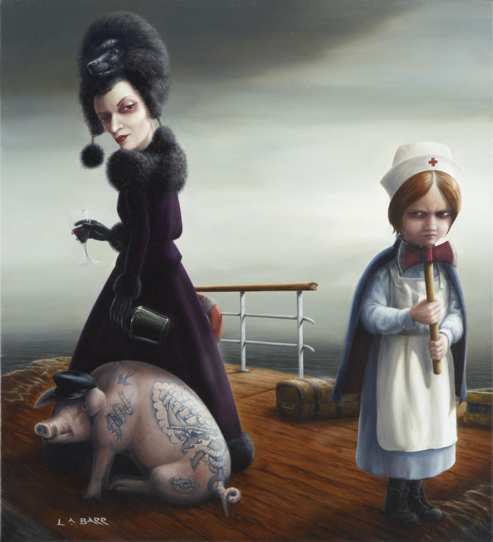 Oil painting of a castaway pig, woman and nurse all looking dangerous