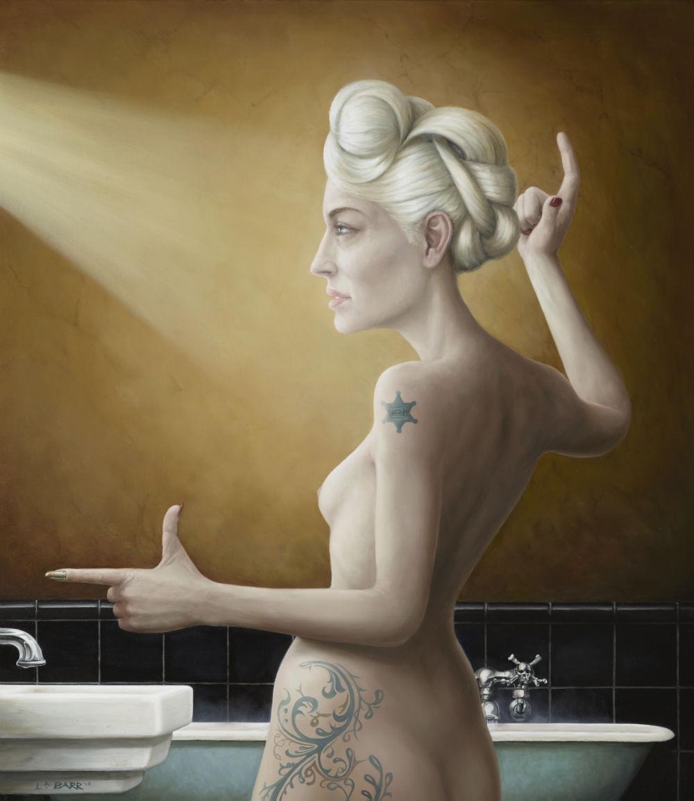 Contemporary oil painting of a woman in the bathroom showing attitude