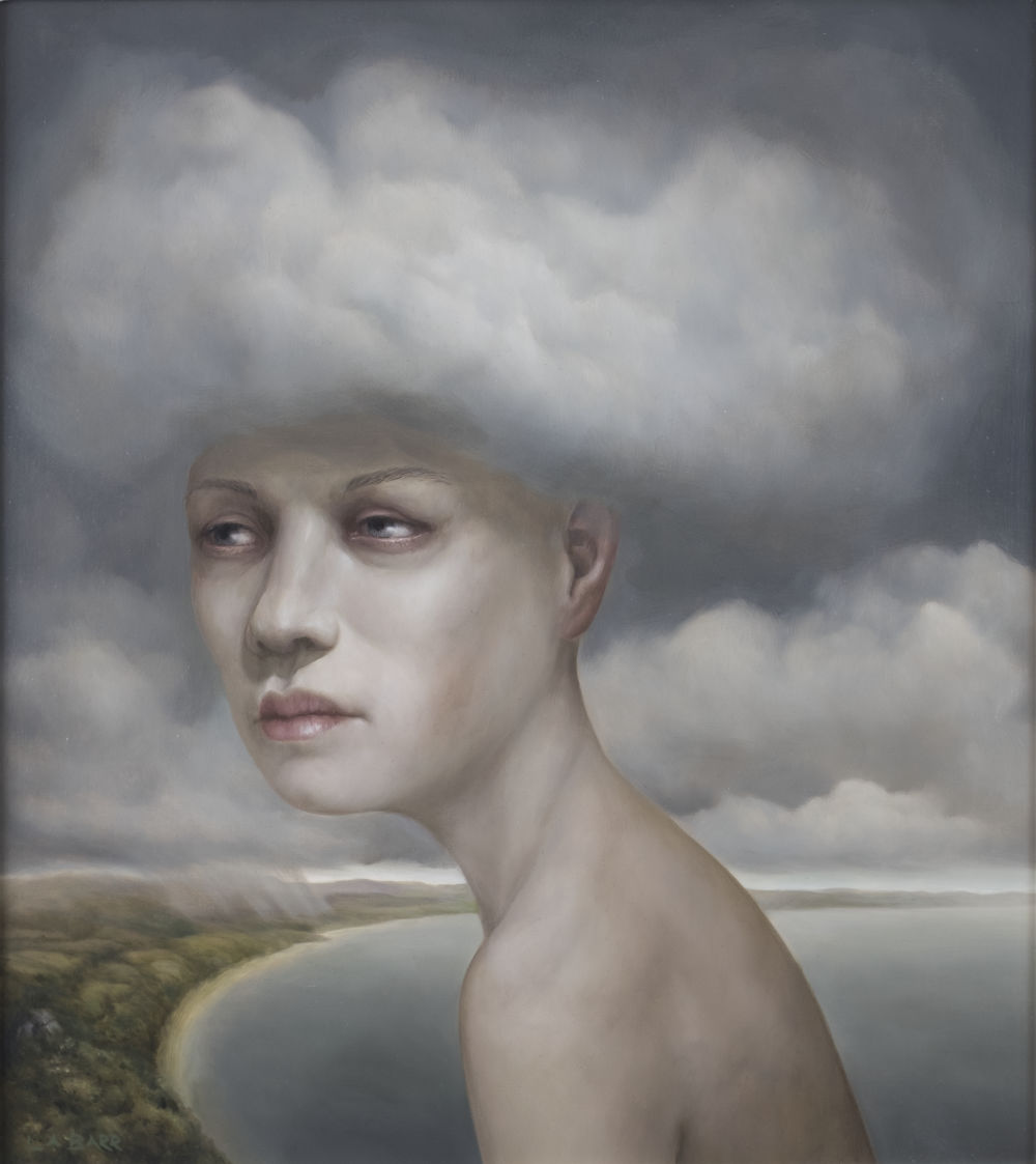 Contemporary oil painting of a young girl with her head in the clouds