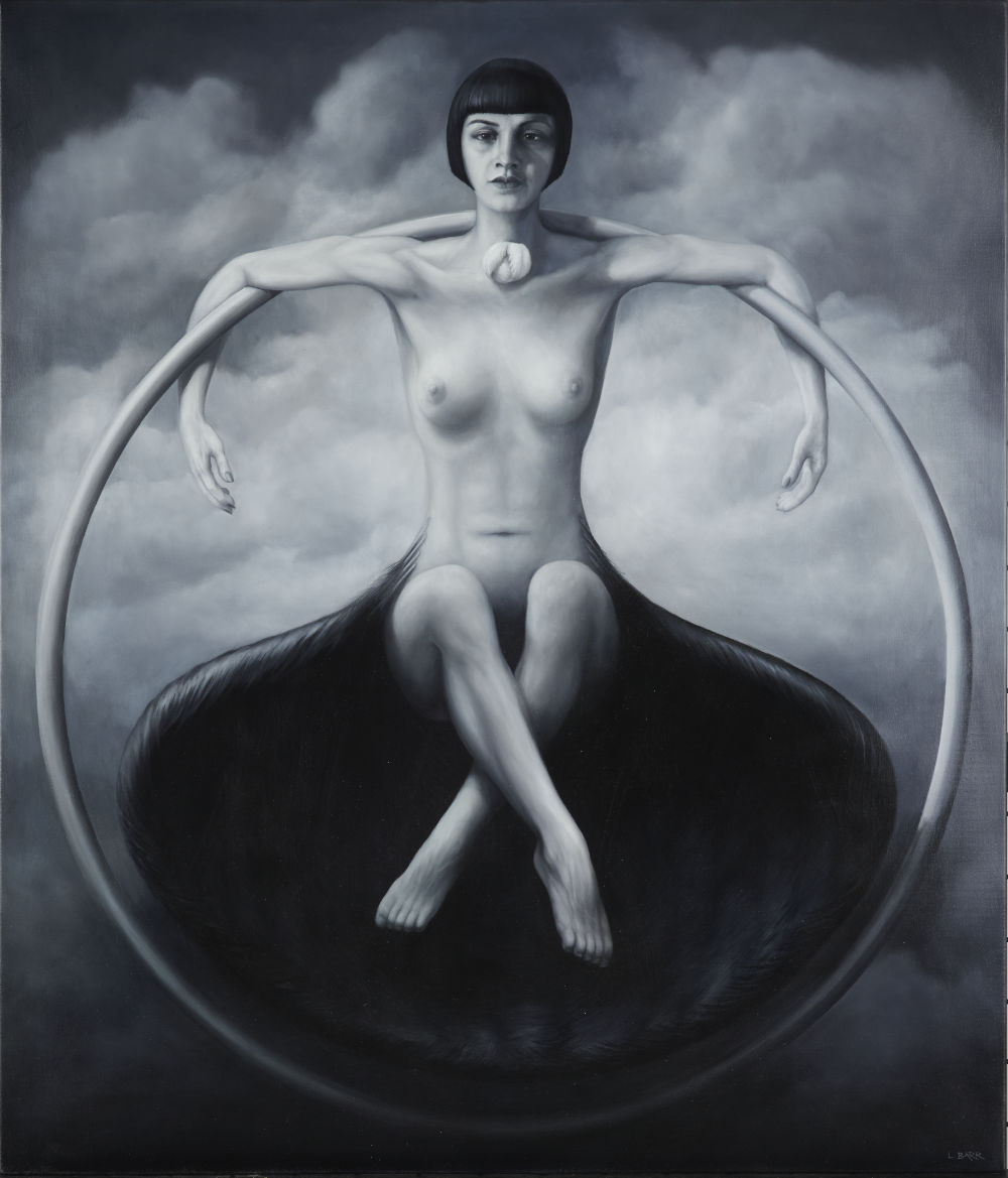 oil painting of a woman with feathers suspended  by her elbows in the sky by a hoop