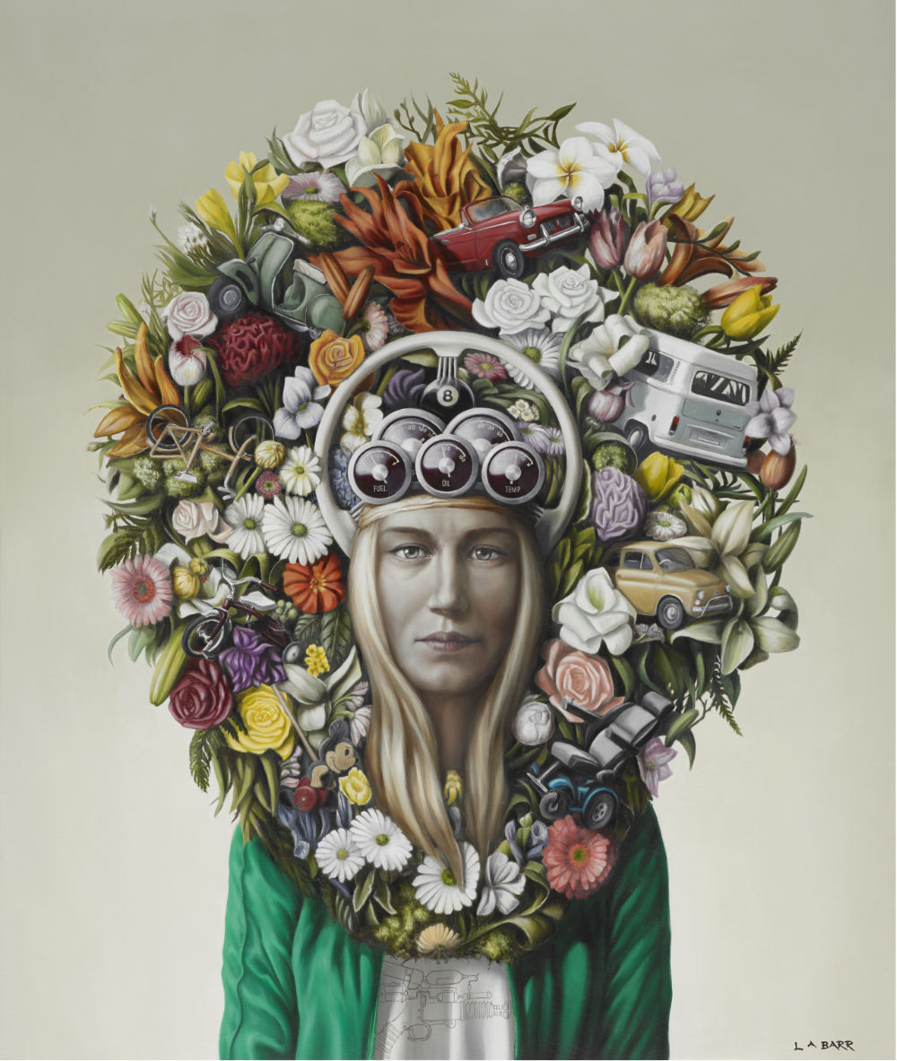 Contemporary oil painting of a young woman with motor vehiclie floral headdress